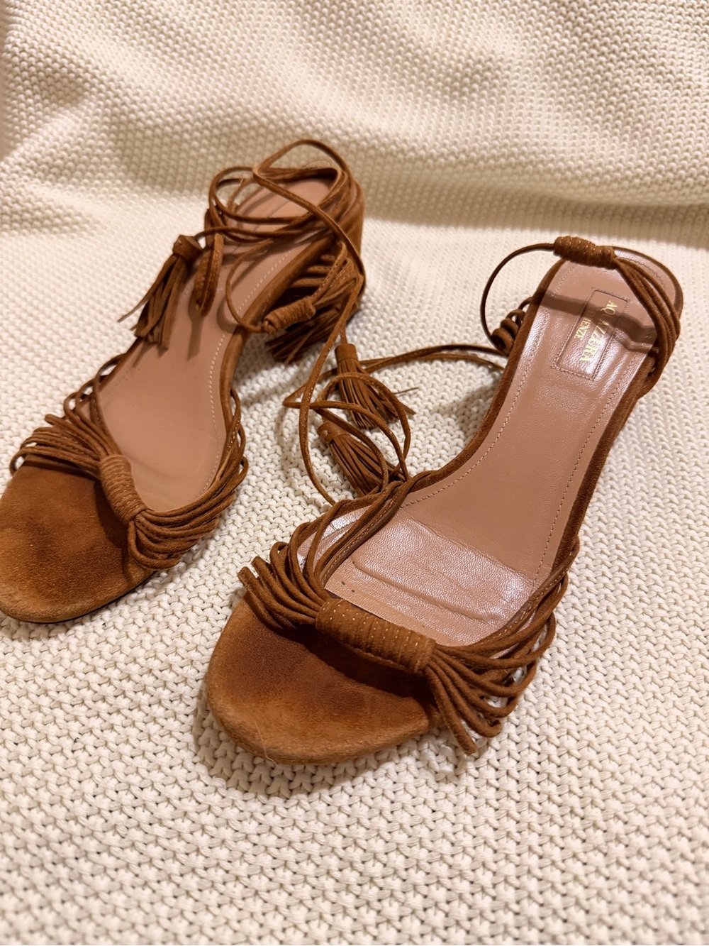 Aquazzura Brown Suede Lace-Up Tassel Heels